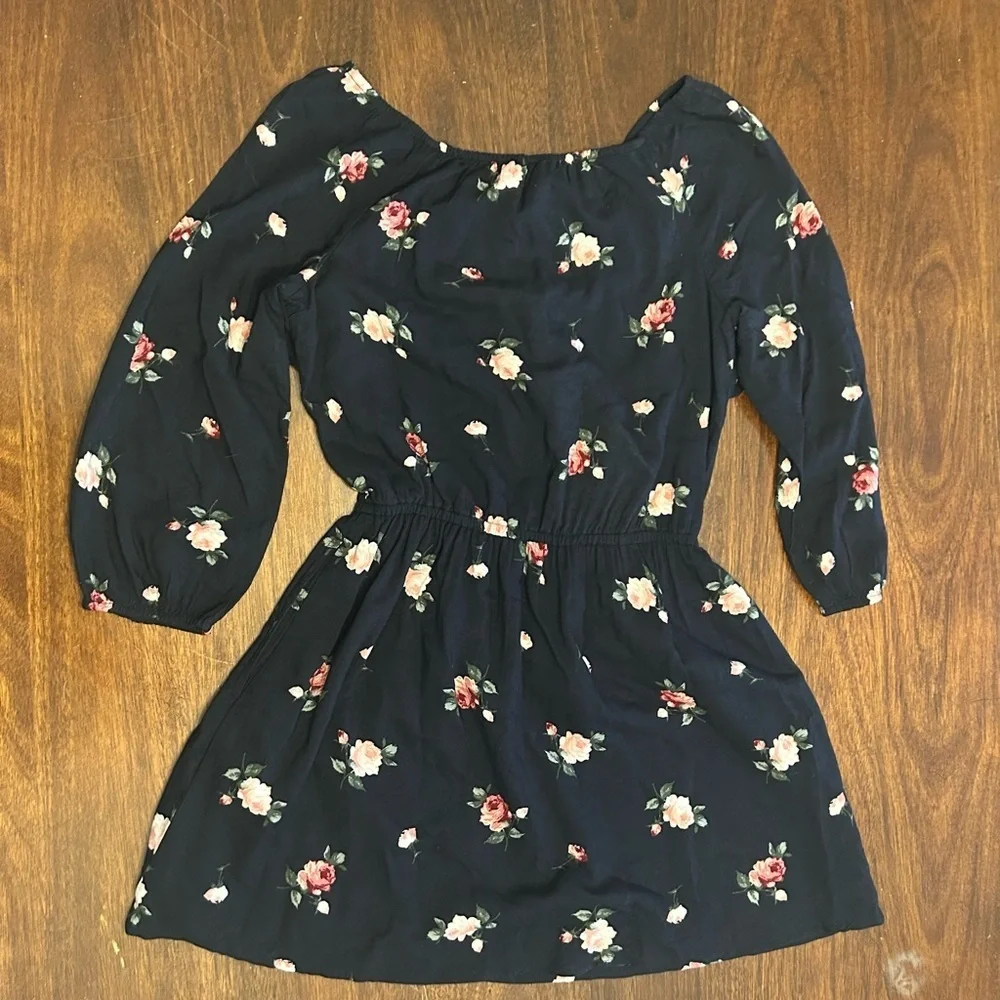 abercrombie kids Navy Floral Off-Shoulder Dress with Pink Roses with pockets